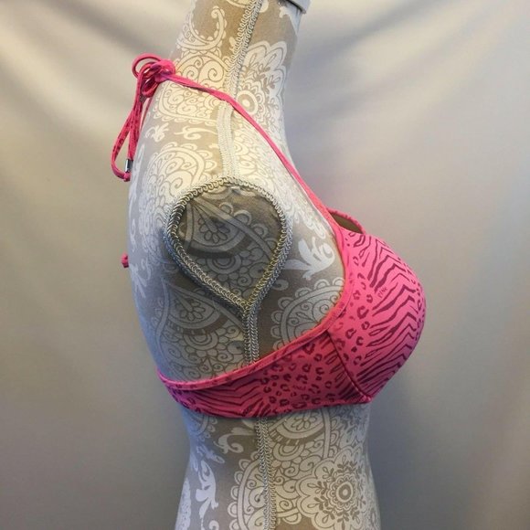 Pink Victoria Secret Swim Halter Top Size L Animal Print Bikini Padded Cups - Picture 4 of 10